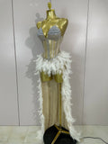 Luxury Sparkly Rhinestones Feathers Long Tail Dress Sexy Mesh Transparent Stage Bodysuit Evening Party Celebrate Birthday Dress