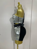 Women Shiny Sequins Black Splicing Long Sleeved Shorts Jumpsuit Celebirty Evening Birthday Party Bar Fashion Club Casual Dress
