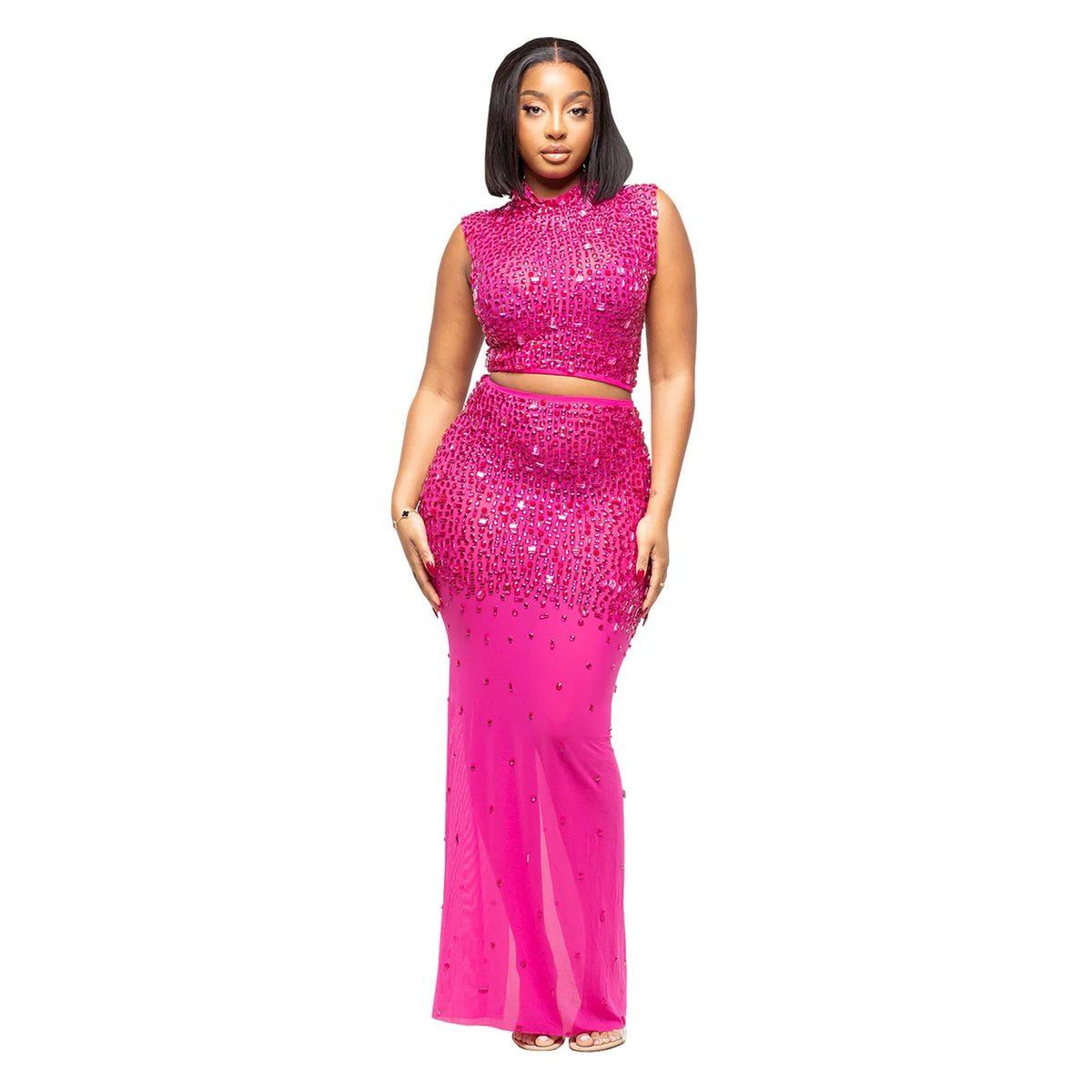 Sexy Mesh Rhinestone Bodycon 2 Pieces Set for Woman Outfits Solid Round Neck Sleeveless Crop Top + Skirt Female Clubwear
