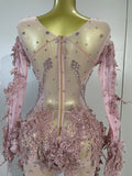 Luxury Embroidery Sexy Long Sleeves Mesh Stretch Jumpsuit Sparkly Diamond Evening Birthday Party Bar Nightclub Stage Show Wear