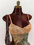 Lace Patchwork Print  Dress Women Sexy Trend Low-Neck See Through  Beach Vacation Party Clubwear Peach Hip Bodycon