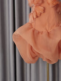 Fashion Orange 3D Floral Appliquet Mini Dress for Women Sleeveless O Neck Slim Sheer Tulle Puffed Skirt for Themed Parties