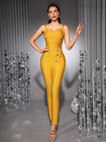 Khaki Ginger Women's V-neck Bodycon Sexy Sleeveless Rayon Bandage Jumpsuit Night Club Party Jumpsuits