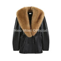 Luxury Fashion Design Black Long Faux Leather Coat Women Detachable Fur Collar Oversized PU Leather Jacket Blazer
