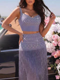Glam Rhinestone Fringe 2 Piece Set for Women Sweetheart Neck Crop Cami Top High Waist Floor Length Skirt for Evening Party