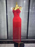 4 Colors Women Sexy Strap Shining Beading Long Tassles Bodycon Long Bandage Dress Elegant Evening Party Celebrate Birthday Wear