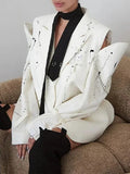 Ink Splashing Print Fashion Blazer for Women Notched Collar Long Sleeve Hollow Out Design Loose Coat Female Autumn