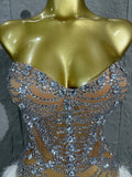Glamorous Silver Crystal Strapless Dress Sexy Performance Costume Dance Party Singer Stage Nightclub Luxury Outfit
