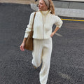 Women Stand Collar Knitted Two Piece Set Belted Long Sleeve Sweater Top Wide Leg Pants 2026 Autumn Winter Casual Knit Outfit