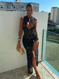 Sexy Solid Dress Women 2025 Summer Sleeveless Lace High Stretch Midnight club Asymmetrical Graphics Metal Knot Slit