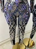 Women Sexy Spandex Tight Jumpsuit Long Sleeve Mirrors Cosplay Costume Nightclub Dancer Outfit Performance Stage Wear