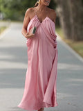Elegant Backless Evening Dress for Women V Neck Sleeveless High Waist Patchwork Folds Loose Maxi Dresses Female New