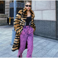 Women Tiger Striped Faux Fur Long Coat Lapel Fluffy Plush Luxury Oversized Overcoat With Side Pockets Winter Warm Outerwear 2026