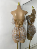 Luxury Pearls Sparkly Rhinestones Women Sexy Off Shoulder Mesh See Through Mini Bodycon Birthday Dress Party Performance Costume