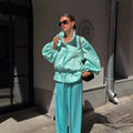 Solid Waist Drawstring Cinched Jacket Women's Satin Pleated Stand Collar Long Sleeves Loose Coat Lady Fashion Daily Outwear New