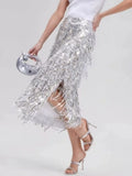 Luxury Sequins Midi Women Skirts High Waist Tassel Skirt for Party Gathering Evening Event Wear Fashion Summer New