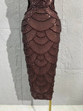 Women Dark Brown Spaghetti Strap Beaded Sequins Midi Dress Suitable for Formal Dinners, Cocktail Parties, Guests and Party