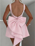 Chic Pearl Bow Short Dress for Women Backless Casual Mini Dresses White Black Pink Wedding Guest Summer Bridesmaid Robe Birthday