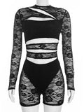 Hollow Romper Women Sexy Wild Cross Jacquard Lace Patchwork Full Sleeve Stretch Fashion Street Party Club Playsuits