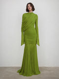 Spliced Folds Shawl Design Temperament Dresses for Women O Neck Long Sleeves Patchwork mermaid Dress Female Clothing