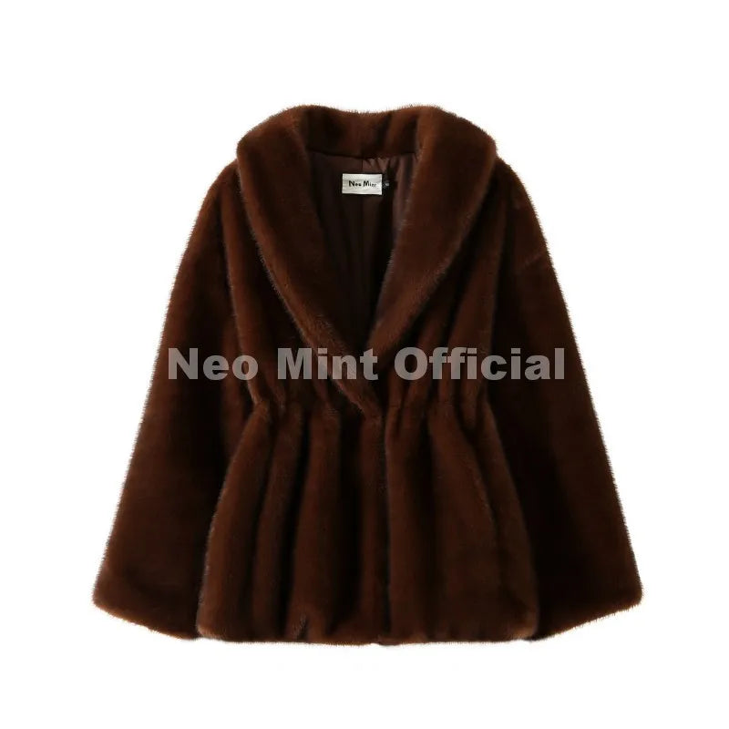 Trendy 2026 Winter Women Brand Faux Mink Fur Peplum Jacket Chic Street Fashion Girls Warm Drawstring Waist Eco Fur Coat