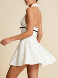 Polka Dot Halter Mini Dress for Women Sleeveless Bow Accent Waist Pleated Bodice Flared Skirt for Fashion Parties