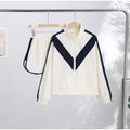 Color Block Zip Up Two Piece Set Women Long Sleeve Stand Collar Cropped Jacket High Waist Shorts 2026 Spring Summer Casual Suit