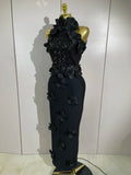 High Quality Birthday Party Dresses Black Red Beaded Flower Mesh Patchwork Long Bandage Dress Celebirty Prom Evening Club Wear