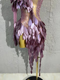 Women Sexy Purple Leaf Sequins Mesh One-Shoulder Tassel Dance Costume Suitable for Competition Performance Cocktail Party Dancew
