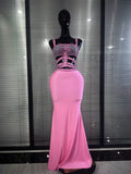 Sparkly Crystal Pink Silver Women Sexy Keyholes High Stretch Bodycon Maxi Gowns Dress Evening Party Celebrate Cocktail Outfit