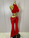 Luxury Rhinestone Red Sexy Cut Out Two Piece Pants Bandage Set 2026 Women Celebrity Designer Fashion Women's Set Stage Outfit