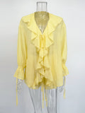 New Casual Shorts Two-piece Set Women's Ruffled Loose Tie Top Simple Shorts Set Office Lady Summer Female Shorts Set