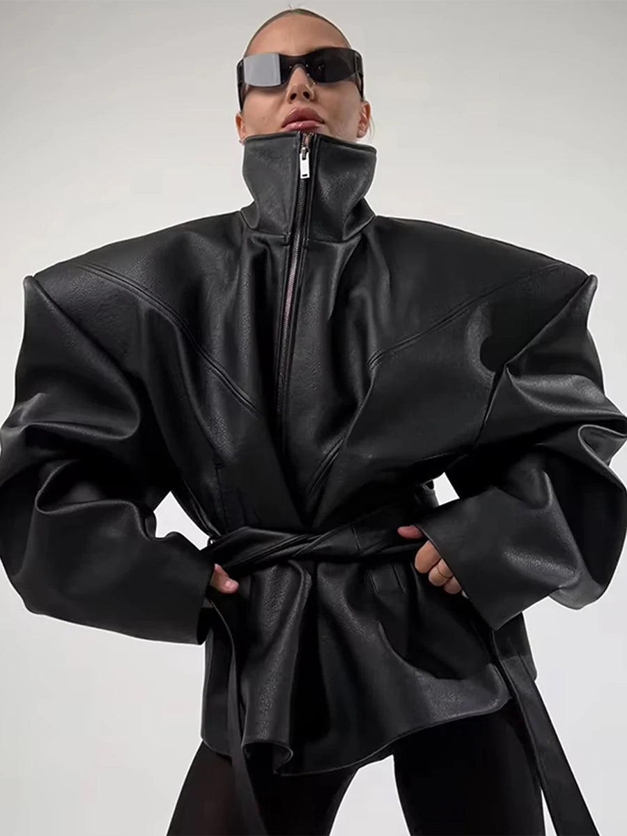 Streetwear Faux Leather Jacket for Women High Neck Zip Front Shoulder Pad Belted Waist Oversized for Autumn Outfits