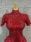 Lady Fish scales shell sequins Scale Sequin Bodysuit HighNeck Short Sleeve Ruffle Skirt Costume For Women Nightclub Stage Wear
