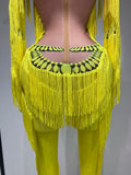 Yellow Tassel Stretch Bodycon Jumpsuit Nightclub Gogo Dance Clothing Dj Rave Outfit Nightclub Party Singer Performance Outfit