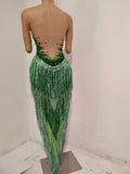 Luxurious Green Rhinestone Sheer Bodysuit Tassel Tail Ideal for Clubbing Festivals and Special Occasions Stage Performance