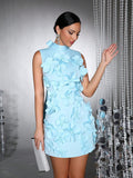 Spliced Appliques Elegant Dresses For Women Stand Collar Sleeveless High Waist Patchwork Zipper Mini Dress Female
