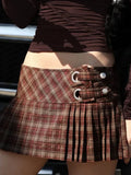 Edgy Street Style Plaid Mini Skirts for Women Low Waist Metal Ring Accent Pleated Hem for Vintage Music Festival