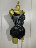 Sparkly Silver Rhinestones Pearl Tassels Bodysuit 2025 New Women Sexy Eveing Birthday Party Nightclub Stage Performance Costume