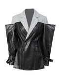 Pu Leather Patchwork Contrasting Design Slim Suit Blazers For Women Notched Collar Long Sleeve Coats Female Clothes Style