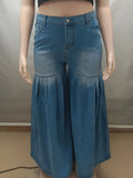 Women Denim Jeans High Waist Super Wide Leg Flared Pleated Washed Streetwear Fashion Casual Summer