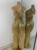 Sparkly Diamonds Sequins Fringes Luxury Jumpsuit Gold Sleeveless Mesh Performance Dance Costume Nightclub Singer Stage Rompers
