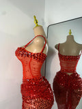 Sparkly Red Rhinestones Sequins Alluring See Through 2 Piece Maxi Dress 2025 Women's Evening Birthday Party Stage Show Outfit