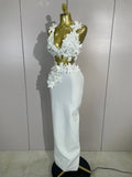 Sexy White Two Pieces Set Flowers V-Neck Tops Bodycon Long Dress Women Eveing Party Prom Gown Nightclub Celebrate Birthday Dress