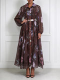 Floral Print Shirt Maxi Dress for Women Point Collar Long Lantern Sleeve Button Front Detachable Buckle Belt Sheer Chiffon
