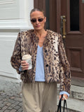 Leopard Print Faux Fur Short Jacket For Women Crew Neck Button Front Plush Thick Warm Loose Trendy New Lady Streetwear Outer Top