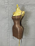 Women Sexy Metallic Gold Silver Bronze Bodycon Dress with Thin Straps and Drawstring Hem Evening Event Women Clubwear Outfit