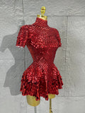 Lady Fish scales shell sequins Scale Sequin Bodysuit HighNeck Short Sleeve Ruffle Skirt Costume For Women Nightclub Stage Wear