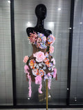 3D Florals Women Sexy Strapless Mesh High Stretch Kaced-up Bodycon Midi Dress Bar Singer TV Performance Costumes Stage Wear