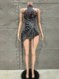Women Luxury Black Mesh Spider Crystal Asymmetric Bodycon Mini Dress Sexy Sensual Evening Club Nightwears Showgirls Dress